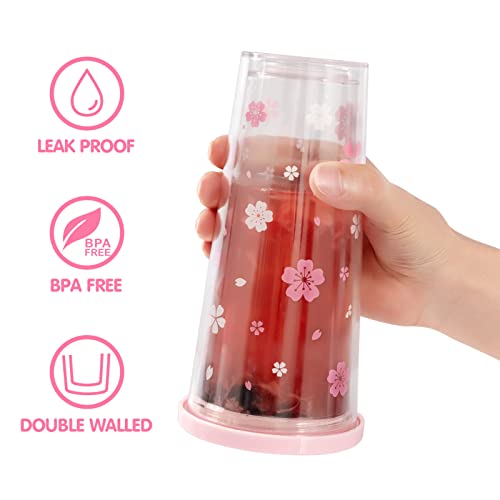 Reusable Plastic Boba Cup With Lids And Straws, 24Oz/700ml Smoothie Cups, Iced Coffee Cup, Leakproof Kawaii Cup, Boba Tumbler With Boba Reusable Straw,Double Wall Clear Bubble Tea Cup - color: Pink