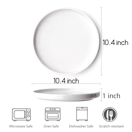 Salad Plates Set of 4, White Salad Plates, 10 Inch Round Appetizer Plates, Thick Edge Ceramic Dessert Plate for Appetizer, Dessert, Salad, Dinner - size: Round