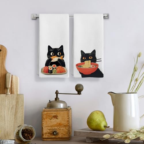 Funny Black Cat Kitchen Towels Set of 2, Cat Mom Lady Gifts for Women Hand Towels, Funny Black Kitty Decorative Dish Tea Towels for Kitchen Decor, Pet Lover Gifts, 16X24In