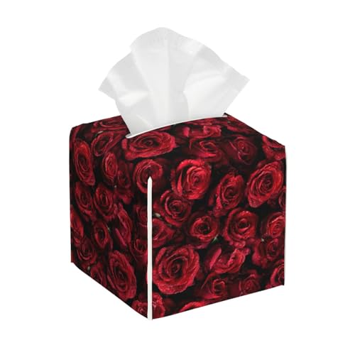 Rose Tissue Box Cover Square,Red Floral Tissue Box Holder Waterproof Leather Facial Paper Organizer Dispenser for Bathroom Home Car Kitchen Nightstand Vanity Desk Decoration - color: Rose