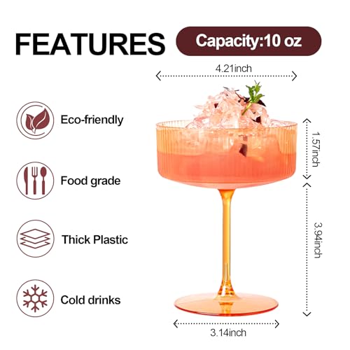 Ciaell 12 Pack Amber Plastic Martini Glasses for Bars Parties | 10 oz Amber Ribbed Coupe Cups, Heavy Duty Plastic, Cocktails Whiskey Margaritas Wine for Weddings Outdoor Gatherings Brunch - color: Amber