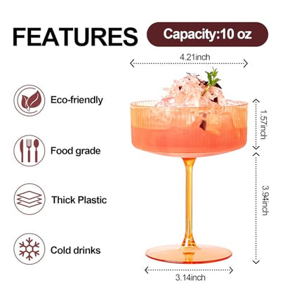 Ciaell 12 Pack Amber Plastic Martini Glasses for Bars Parties | 10 oz Amber Ribbed Coupe Cups, Heavy Duty Plastic, Cocktails Whiskey Margaritas Wine for Weddings Outdoor Gatherings Brunch - color: Amber