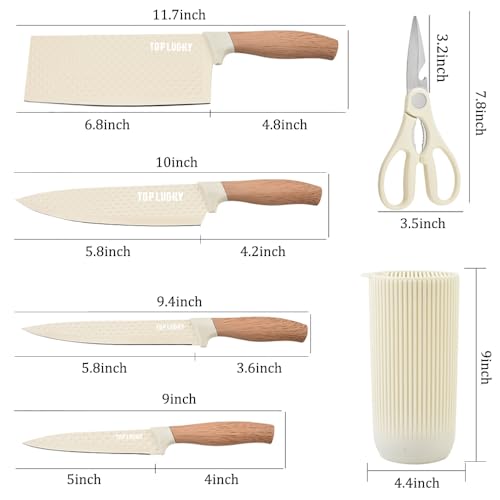 Knife Set, Wiztoynia 6-Piece Beige Kitchen Knife Set for Home, Anti-Rust Non-stick Stainless Steel Sharp Chef Knife Set with Universal Knife Block for Kitchen, Ergonomical Design (Beige) - color: Beige