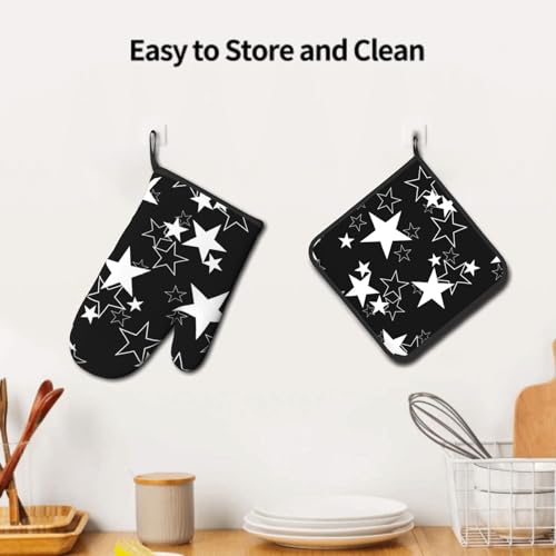 Black Star Oven Mitts and Pot Holder Set of 2 Galaxy Space Heat Resistant Kitchen Oven Gloves Potholders for Baking Cooking Grilling BBQ - color: Black Star