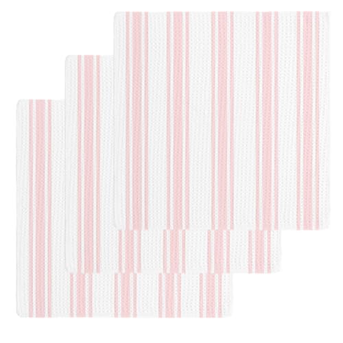 Pink Striped Dish Towels Set, Waffle Weave Kitchen Towels 3 Pieces, Farmhouse Aesthetic Modern Stripes Microfiber Hair Face Bath Tea Towel Absorbent Quick Drying Cleaning Dish Cloths, 12"x12" - color: Pink, White, Blush, size: 3PCS,12"x12"