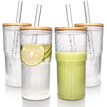 ANOTION 4Pcs 22 oz Iced Coffee Cups Drinking Glasses Iced Coffee Cup | Smoothie Cup Glass Tumbler Water Glasses Ribbed Glassware - color: Transparent