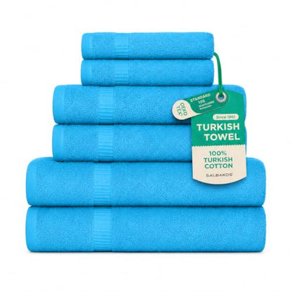 SALBAKOS 100% Turkish Cotton Bathroom Towel Set of 6-Piece, Aqua | 630 Gsm Thick Super Soft Highly Absorbent 2 Bath + 2 Hand + 2 Washcloth Towels Sets, Giftable, Hotel Quality, Made in Turkey - color: Aqua, size: 6 Piece Towel Set