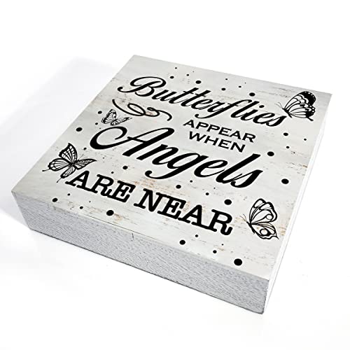 Rustic Religious Sympathy Quote Wood Box Sign Butterflies Appear When Angels are Near Wooden Box Sign Home Desk Shelf Decor (5 X 5 Inch) - color: Angels