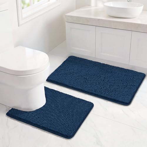 Bcoimo U Shaped Bath Rug Mat Set,2 Piece Chenille Navy Toilet Bathroom Rugs | Extra Soft Bathroom mat set;Non Slip with Rubber Back Bath Mats;High Absorbent And Quick Dry Microfiber mat; Machine Washable - color: Navy, size: U24×20 Plus 30×20