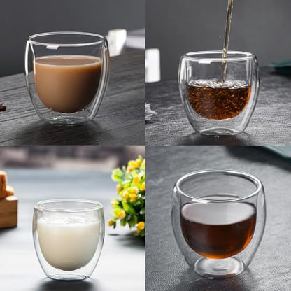 Double Walled Espresso Cups Set of 6, 2.7oz Insulated Clear Glass Coffee Mugs, Espresso Shot Glasses Cups for for Coffee Cappuccino Latte Tea, Gift for Chrismas, Brithday