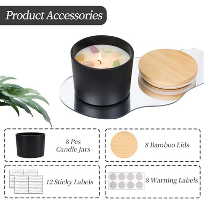 CONNOO 8 Pack 12 OZ Black Glass Wide Mouth Candle Jars | Airtight Bamboo Lids, Sticky Warning Labels, For Candle Making, Dishwasher Safe - color: Black