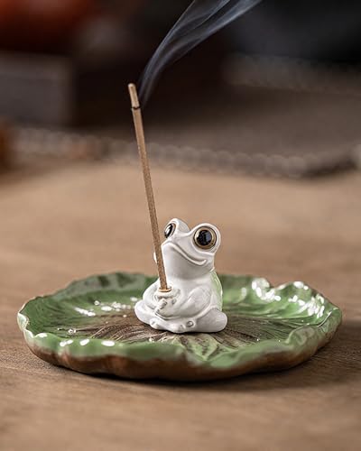 Ceramic Incense Stick Holder - Cute Frog Incense Burner with Lotus Leaf Tray Ash Catcher, Handcrafted Zen Decor for Home, Meditation, Yoga, Gift - color: Frog With Lotus Leaf