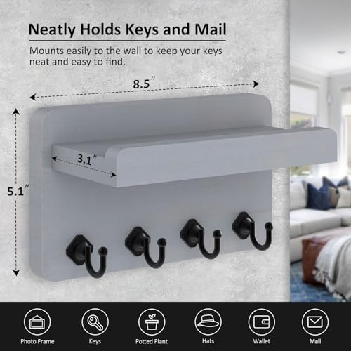 Nekon Key Holder Wall Mount, 8.5 Inch Small Wooden Wall Organizer, Gray | Rustic Wall Shelf, Farmhouse Key and Mail Holder for Living Room Entryway Kitchen - color: Gray