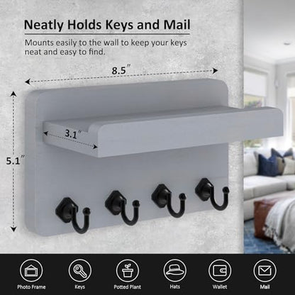 Nekon Key Holder Wall Mount, 8.5 Inch Small Wooden Wall Organizer, Gray | Rustic Wall Shelf, Farmhouse Key and Mail Holder for Living Room Entryway Kitchen - color: Gray