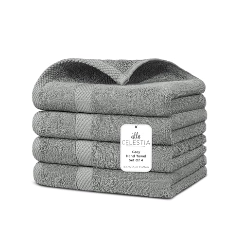Villa Celestia Cotton Hand Towels Set of 4, 16 x 28, Oeko-TEX Certified, Quick Dry, Grey - color: Grey, size: Hand Towel - Pack of 4