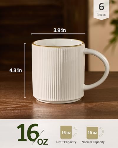 famiware Coffee Mug Set of 6, Star 16 oz Large Mugs Cup Set with Handle | Ceramic Mug for Coffee, Latte, Tea, Stackable Drinkware Set, Microwave & Dishwasher Safe, White - color: White, size: 6 Count (Pack of 1)