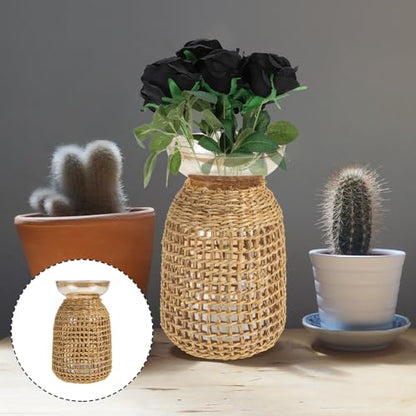 Baluue Decorative Glass Vase with Amber Inner Bottle and Woven Straw Cover, Small Tabletop Flower Arrangement Container for Home and Living Room Décor