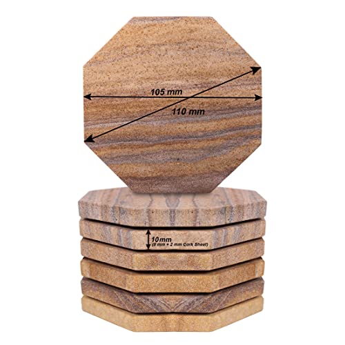 Sandstone Water Absorbent Hand Crafted Octagon Coasters for Drinks- Set of 6-4 inches Wide Thirsty Stone bar/Drink Coasters Made from Real Solid Stone (Without Holder, Set of 6) - style: Design 4