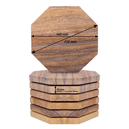 Sandstone Water Absorbent Hand Crafted Octagon Coasters for Drinks- Set of 6-4 inches Wide Thirsty Stone bar/Drink Coasters Made from Real Solid Stone (Without Holder, Set of 6) - style: Design 4