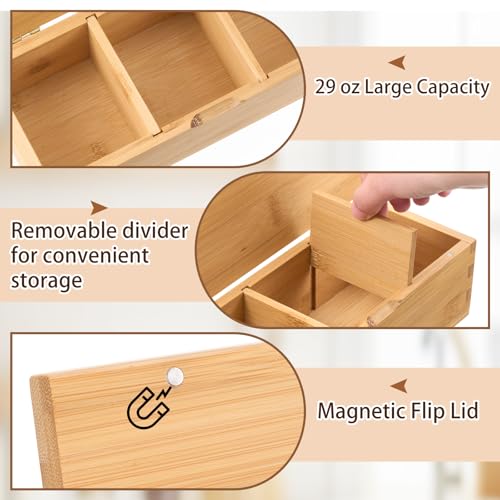 Bamboo Salt Cellar Spice Box with Magnetic Lid 29oz Large Capacity Salt Organizer 3 Compartments for Kitchen Countertop, Pepper, Seasonings, Spices, Grilling & Cooking - color: Bamboo, style: 3 Compartments