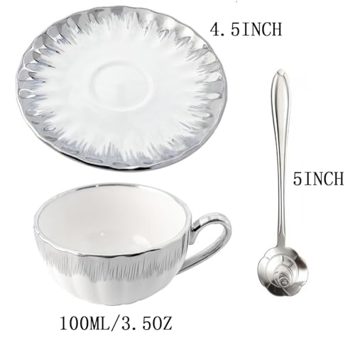CHANJOON 6 Teacups Tea Tray Spoon Set, 6oz with Galvanized Gold Rim and Gift Box, Ceramic White English Coffee Teacup (silver, medium) - color: Silver, size: medium