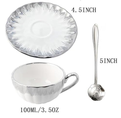 CHANJOON 6 Teacups Tea Tray Spoon Set, 6oz with Galvanized Gold Rim and Gift Box, Ceramic White English Coffee Teacup (silver, medium) - color: Silver, size: medium
