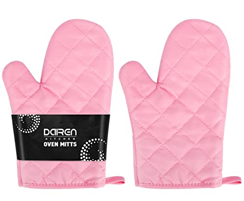 Heat Resistant Thick Cotton Oven Mitts Set, Soft Quilted Lining, Strong Grip Potholders for Hot Pans and Oven, Kitchen Mitt Pair Protect Hands, Cooking Baking BBQ Gloves, 11 Inch, Pink