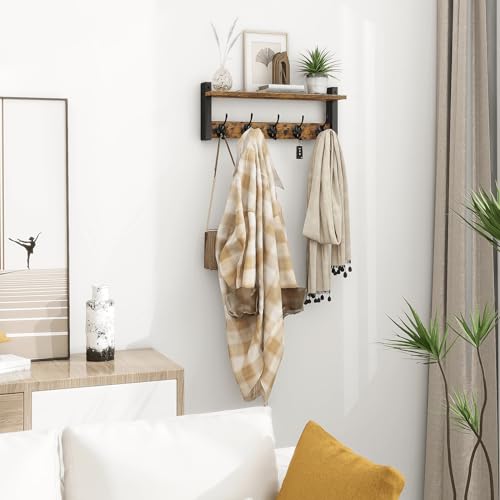 Wall Hooks with Shelf, Wood Coat Rack with Shelf Wall-Mounted, Entryway Hanging Shelves with 5 Metal Hooks for Clothes Hats Towel Purse Robes, Bathroom Mudroom Bedroom, Rustic Brown Black - color: Rustic Brown, size: 17.1 Inch Long