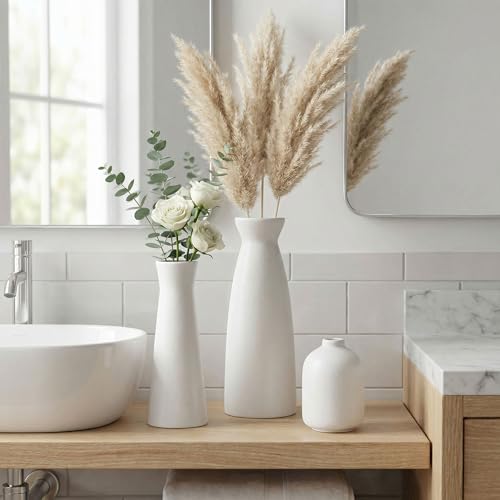 White Ceramic Vase Set of 3,Modern Boho Flowers Vases for Home Decor,Farmhouse,Shelves,Entryway Table Decor,Bathroom,Livingroom Decoration Gifts
