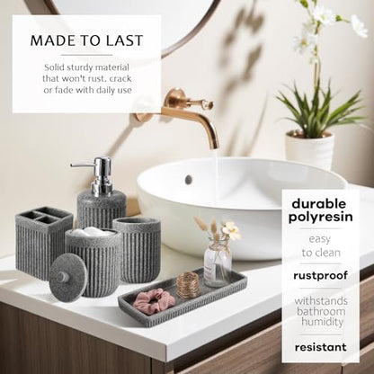 XLHOMO 8-Piece Grey Bathroom Sets with Shower Curtain and Rugs, Resin Bathroom Accessories Sets Complete with Soap Dispenser, Toothbrush Holder, Tumbler & Apothecary Jars Bathroom Essentials - color: Grey, size: Resin Bath Set Complete