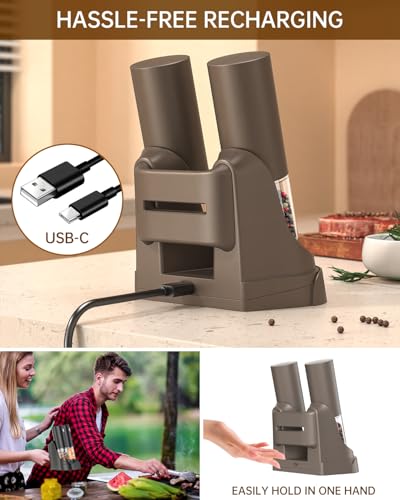 CIRCLE JOY Electric Salt and Pepper Grinder Set Automatic Salt and Pepper Grinder Set with Easy-to-Carry Charging Base and LED Light, USB Rechargeable, Upgrade External Adjustable Coarseness, Green - color: Brown