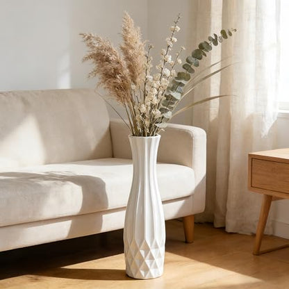 White Tall Ceramic Floor Vase, 24 Inch, Flared Geometric Design | Glossy Glazed Finish, Living Room, Fireplace, Entryway, Pampas Grass - color: Shape 2, size: 24 Inch