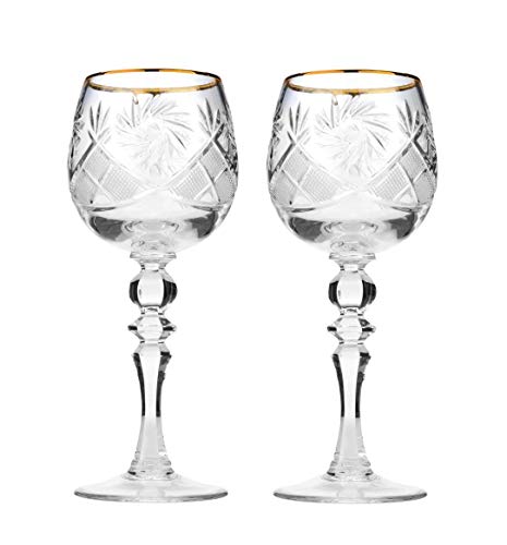 Set of 2 Hand Made Vintage Crystal Wine Goblets with 24K Gold Rim on a Stem 8"H, Old-Fashioned Glassware - size: Wine Glass w/gold 8.0oz