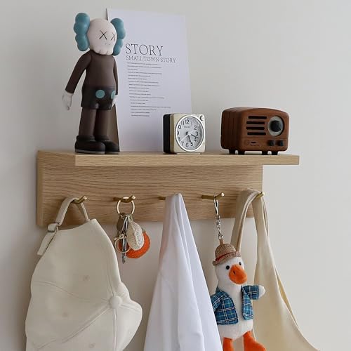 Marine Plywood Wall Mounted Coat Rack with Shelf & Key Hooks, 5 Brass Hooks Entryway Organizer, Modern Floating Shelf for Bedroom Hallway, Space-Saving Home Storage Rack (1, Oak Finish) - color: Oak Finish