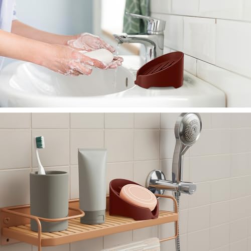 NiHome Silicone Sponge Holder for Kitchen Sink, Fits Scrub Daddy Mommy | Self-Draining Dispenser Organizer Tray, Sink Caddy Countertop Fits Soaps, Scrubber, Dishwasher Safe, Includes Brush - color: Dark Red