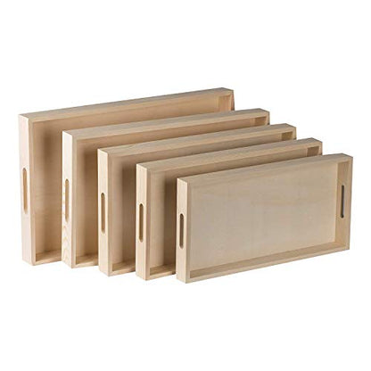 Wood Serving Tray Set with Handles - 5-Piece Nested Breakfast Trays for Food, Party Buffet, Organizing, and Montessori - Versatile Wooden Trays for Serving, Catering, and Bathroom Use