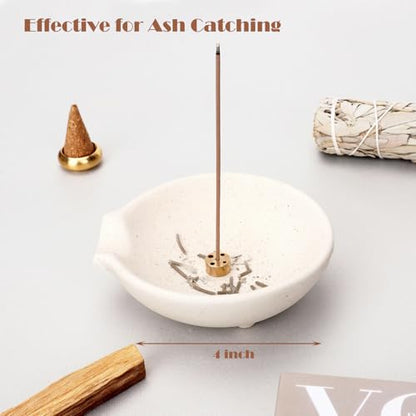 Incense Holder for Sticks Cones Tealight Candles Bricks Sage Palo Santo Multifunctional Incense Burner Bowl with Brass Holders Ceramic Incense Stick Holder with Ash Catcher - size: 4'' Ceramic Bowl & Holders