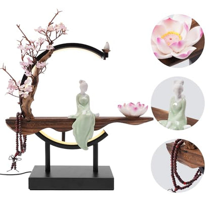 Backflow Incense Burner | Lotus Incense Holder Waterfall Smoke Fountain with Handmade Ceramic & Stable Wood Base for Meditation, Yoga, Tea Room & Home Decor | 32x35cm