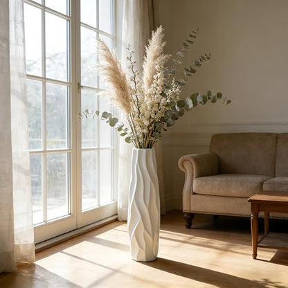 White Tall Ceramic Floor Vase, 24 Inch, Pleated Wave Design | Glossy Glazed Finish, Living Room, Fireplace, Entryway, Pampas Grass - color: Shape 1, size: 24 Inch