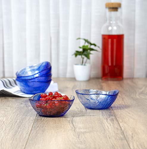 Red Co. Small Blue Etched Wavy Glass Bowl for Fruits and Vegetables, Prepping, Serving, 4.5" x 1.75" - Set of 6