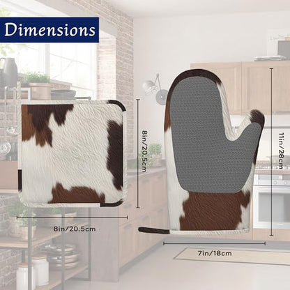 Brown Cowhide Potholders & Oven Mitts Sets Cow Print Skin Print Silicone Heat Resistant Oven Mits and Hot Pads Non-Slip Pot Holders Gloves for Kitchen Chef Cooking Baking Grilling BBQ - color: Brown Cowhide,cow Print Skin Print