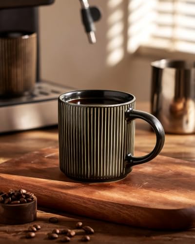 famiware Coffee Mug Set of 4, Star 12 oz Ceramic Mugs Cups Set with Handle | Stoneware Stackable Catering Cup for Coffee, Tea, Cappuccino, Latte, Microwave & Dishwasher Safe, Black - color: Star-Black, size: 4 Count (Pack of 1)