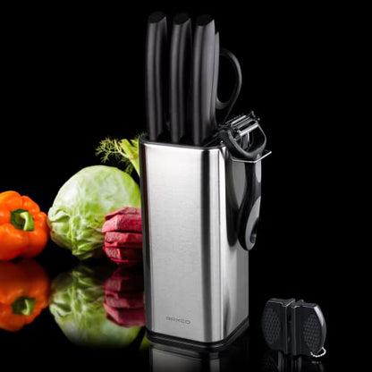 Knife Set,10-Piece Stainless Steel Kitchen Knife Set with Block,Black | Compact Small Countertop Holder,Pro-Sharpened Stainless Steel Chef Knives, Space Saving Knife Set for RV & Apartment - color: BK