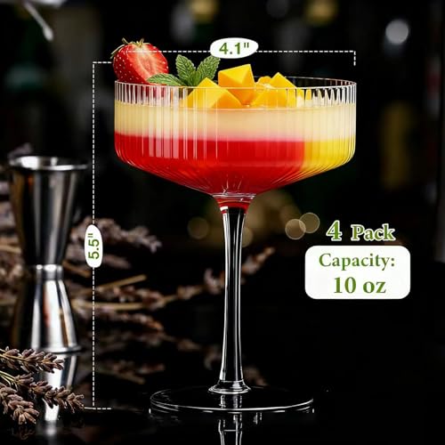 4 Pcs Ribbed Coupe Glasses, 10 oz Large Vintage Martini Glass Set, Unique Margarita Glass, Classic Cocktail Galssware, Ribbed Bar Drinking Glasses Set for Cocktail, Wine, Champagne, Espresso & Gift