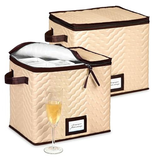 Wine Glass Storage Box with Dividers, Holds 12 Champagne Flute 3" Wide | 2 Pack, Stemware Storage Case, Protects Fine China, Durable Quilted Microfiber, Carry Handles, Ideal for Champagne Flute - size: Champagne Flute, style: 2 Pack