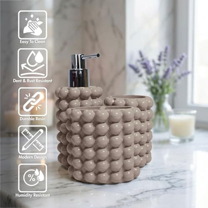 Better Trends Bathroom Accessories Set 3 Pieces Resin Bubble Textured Soap Dispenser, Toothbrush Holder & Tumbler for Vanity, Kitchen Sink & Countertop Organization Beige Nova Collection - color: Beige
