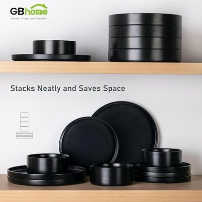 GBHOME Ceramic Dinnerware Sets of 4,Stoneware Plates and Bowls Sets,Chip and Crack Resistant | Dishwasher & Microwave Safe Dishes Set,Scratch Resistant- Service for 4 (12pc)-Matte Black | Lightweight Ceramic Dish Set,Oven & Microwave,Dishwasher Safe,Scrat
