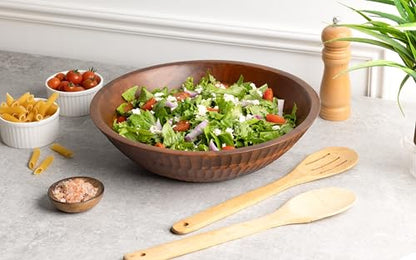 12" x 4" Wood bowl with hand carved pattern | 4.3 quarts capacity | wooden bowl for food, serving salads, pasta, cereal or popcorn | kitchen counter centerpiece bowl for fruits |