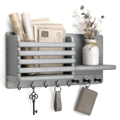 Rebee Vision Key Holder Wall Mount with Mail Slot for Room Decor, Gray | Pine Wood, Key Holder for Wall, 8 Key Hooks, Mail Organizer, Round Corner, Home Improvement, key Hanger Apartment Aesthetic - color: Gray
