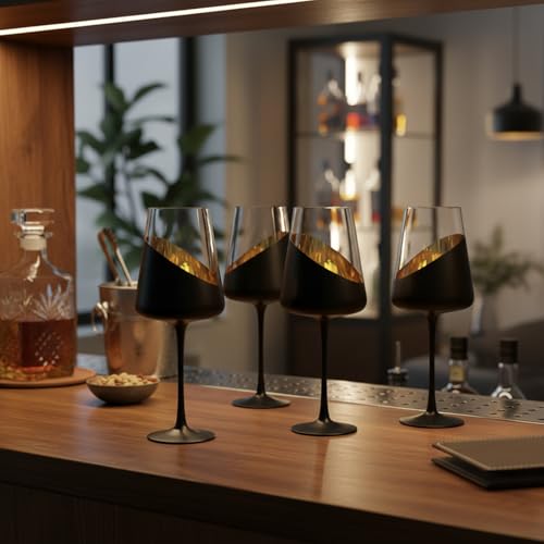 MyGift Black and Gold Wine Glasses, Set of 4 Tulip Champagne Glasses, 19 oz Stemmed Drinkware for Cocktails, Wine, Entertaining, Wedding, Gifts